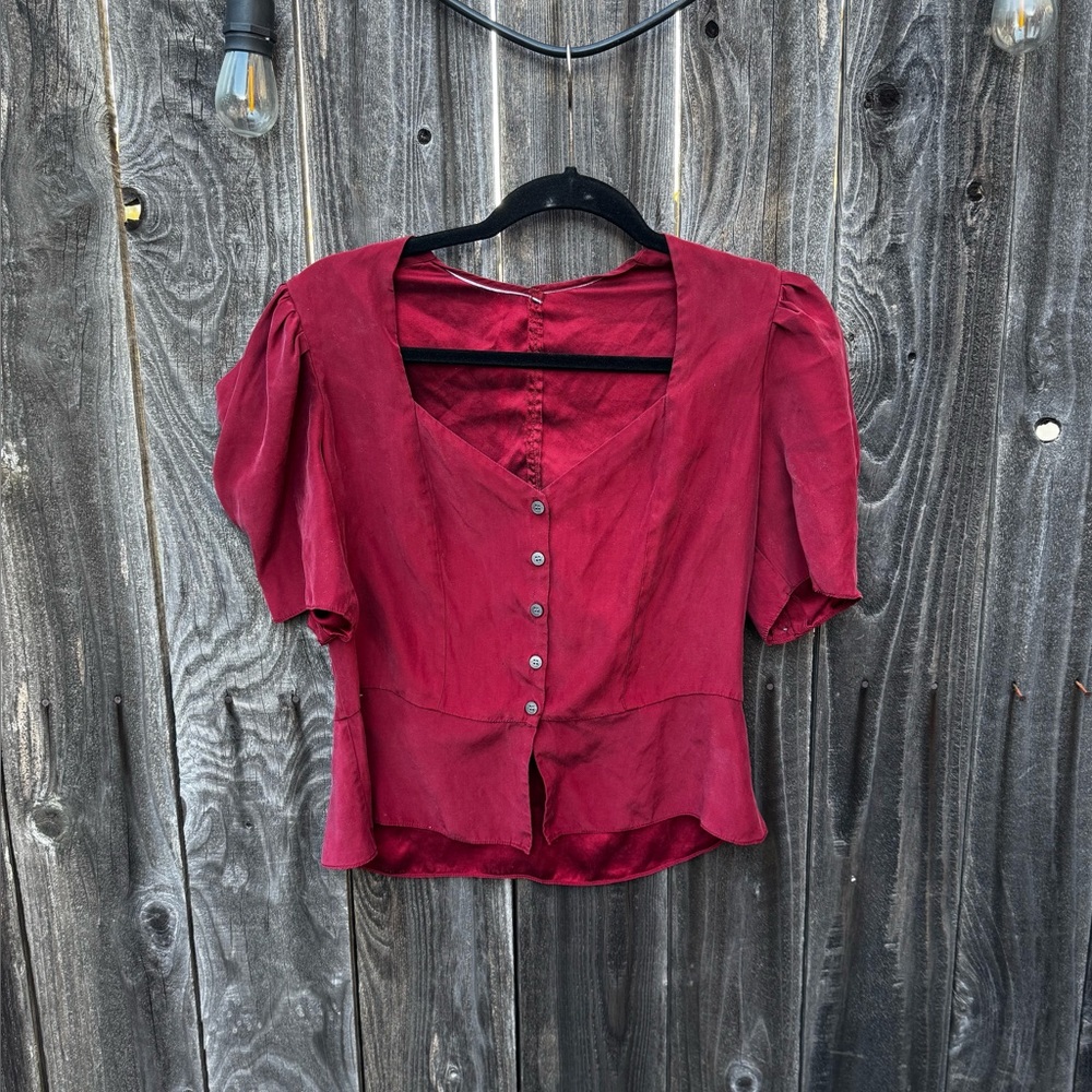 Frame Wine Red Shirred Silk V Neck Short Sleeve Peplum Button Down Blouse Small